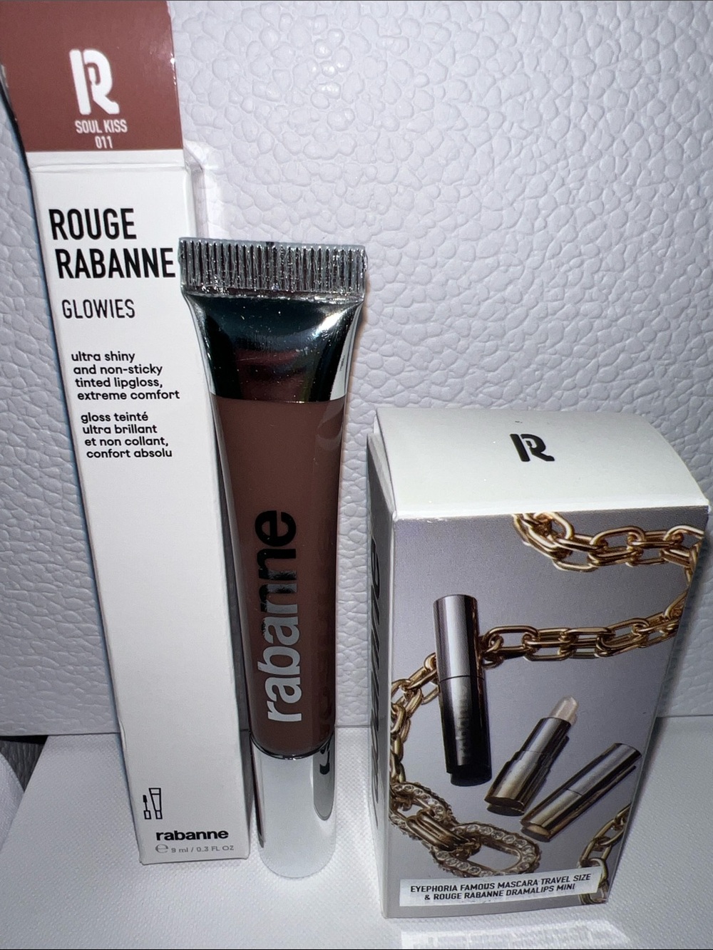 Rabanne Glowies Tinted Lip Gloss + mini set mascara & lipstick